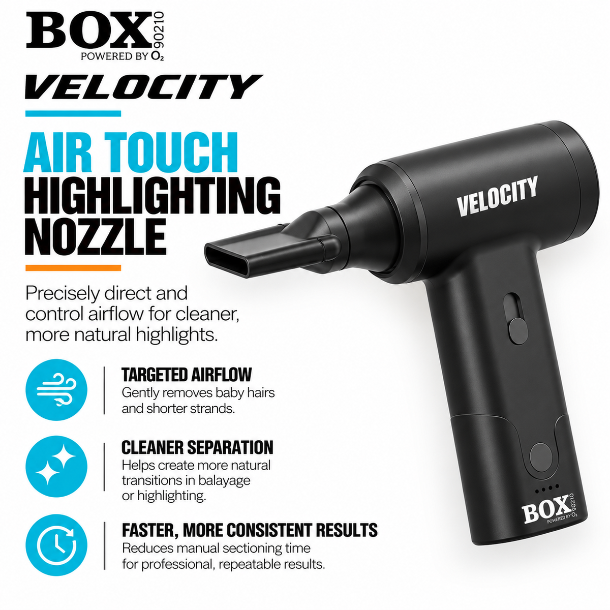 BOX90210 VELOCITY with a flat highlighting nozzle attached, beside a graphic describing targeted airflow and hair separation.