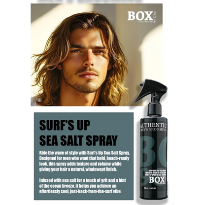 Advertisement for men's grooming surf's up sea salt spray with a man and product image.