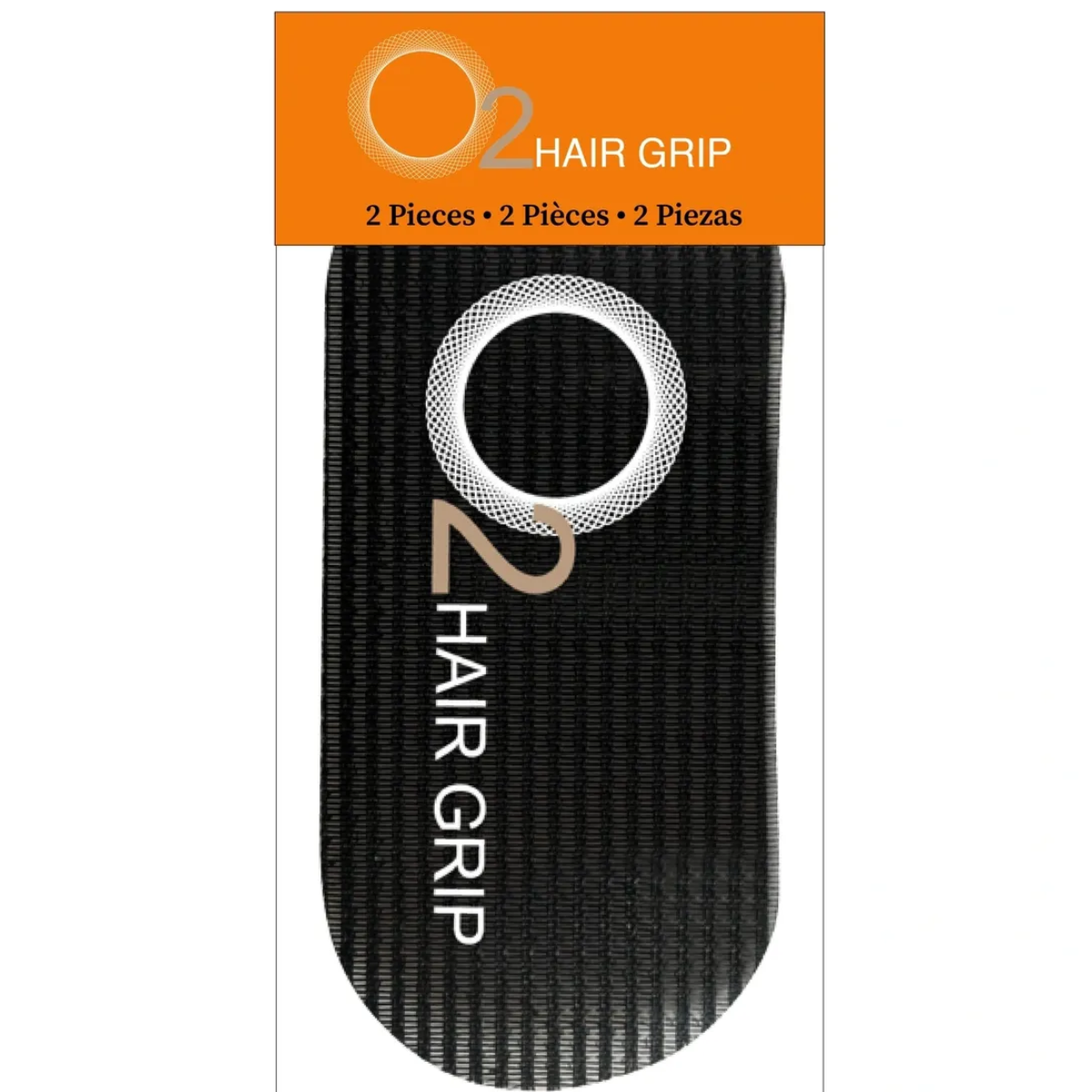 O2 Hair Grip packaging with black hair grips and orange label on a white background