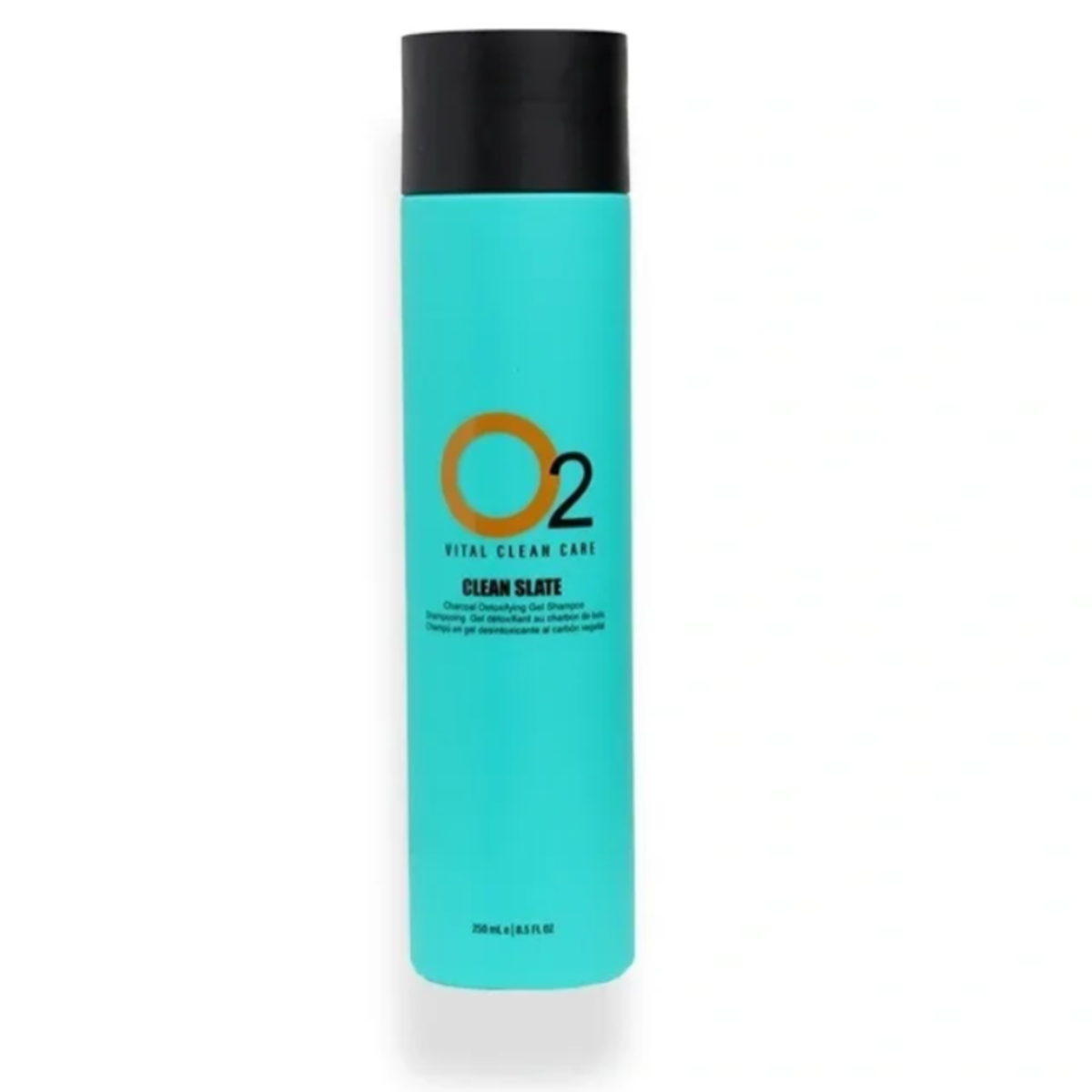Turquoise bottle with black cap on a white background