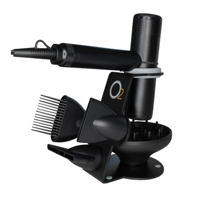 Black hair styling tool with attachments on a white background