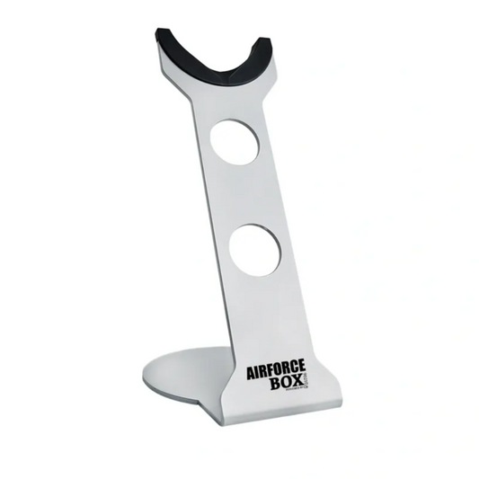 Metallic stand with 'Airforce Box' branding on a white background