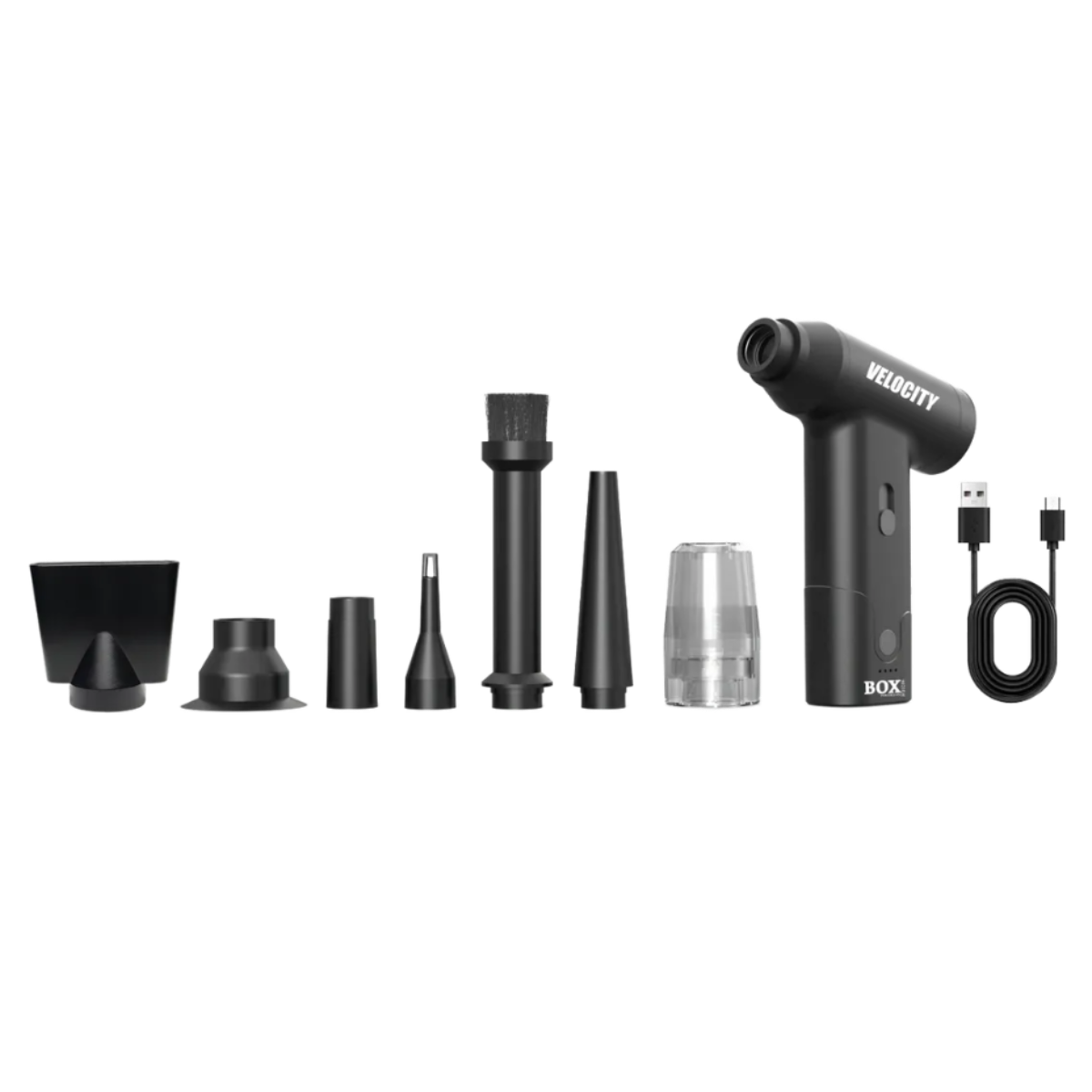 Black handheld device with various attachments on a white background