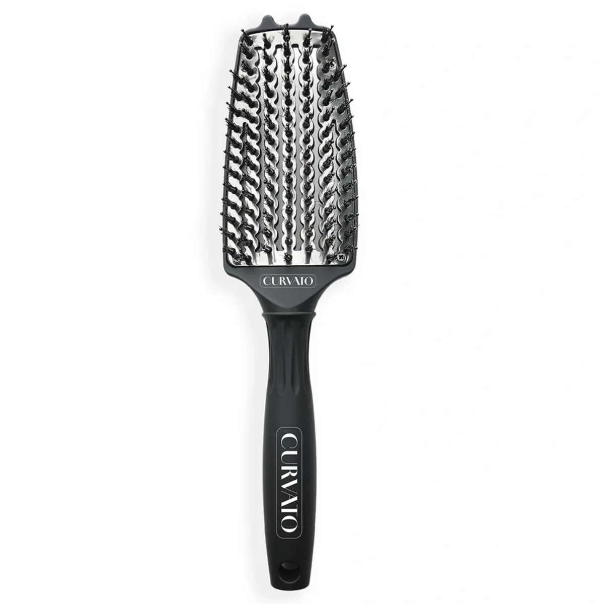 Black hairbrush with Curvo logo on a white background