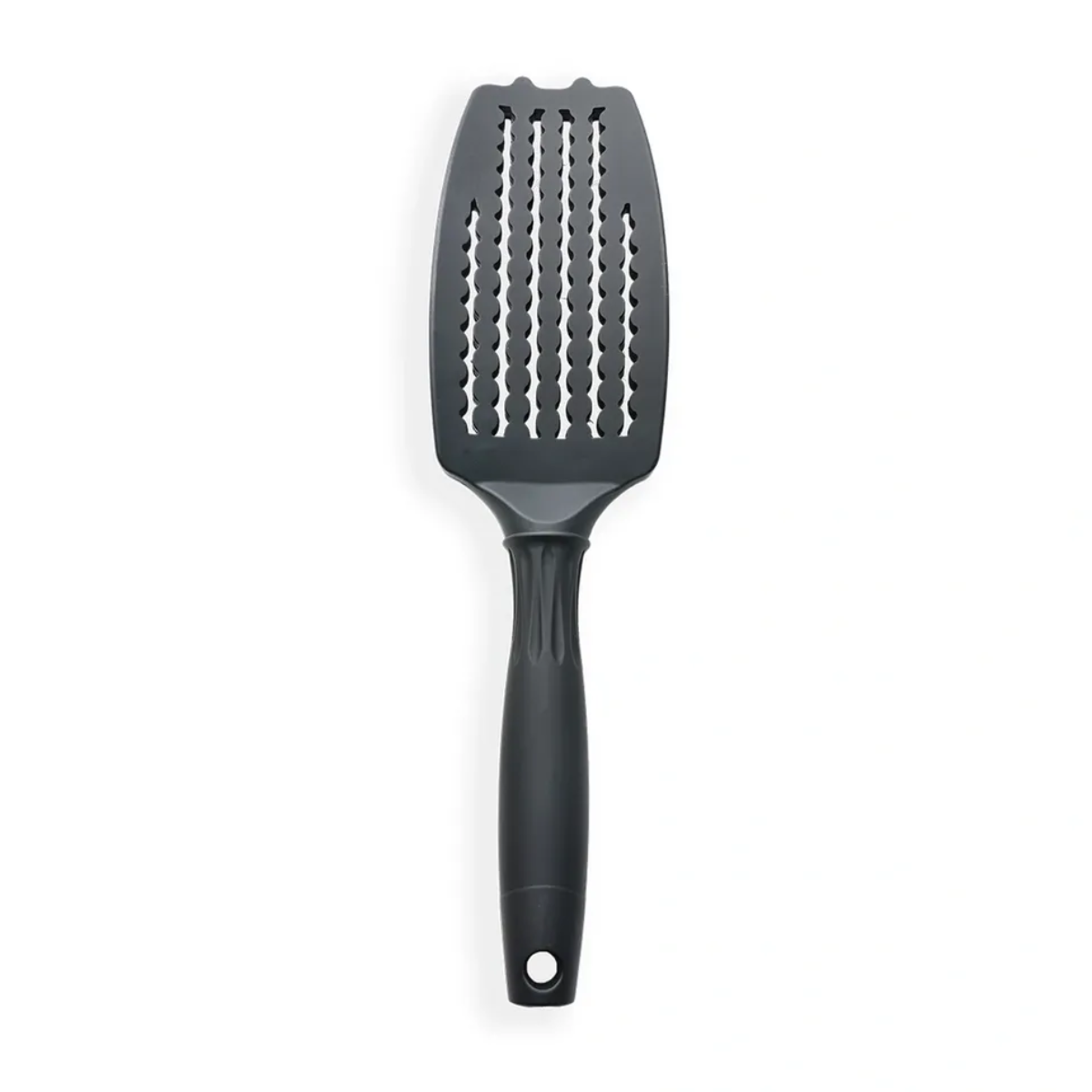 Black hairbrush with a textured head on a white background