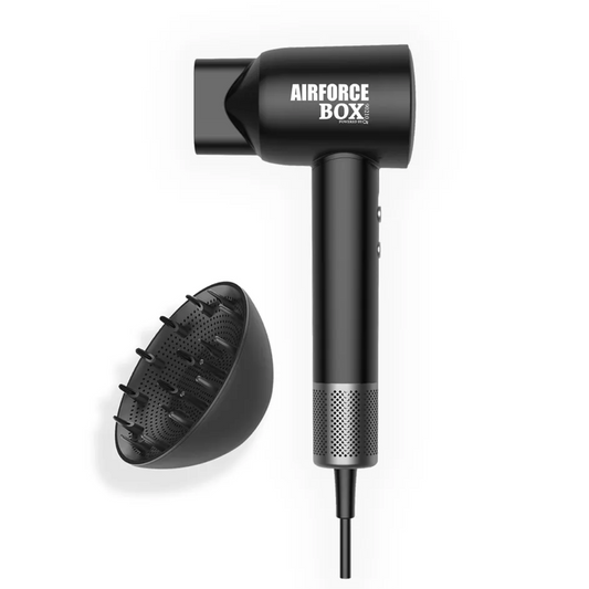 Black hair dryer with diffuser attachment on a white background, branded 'Airforce Box'.