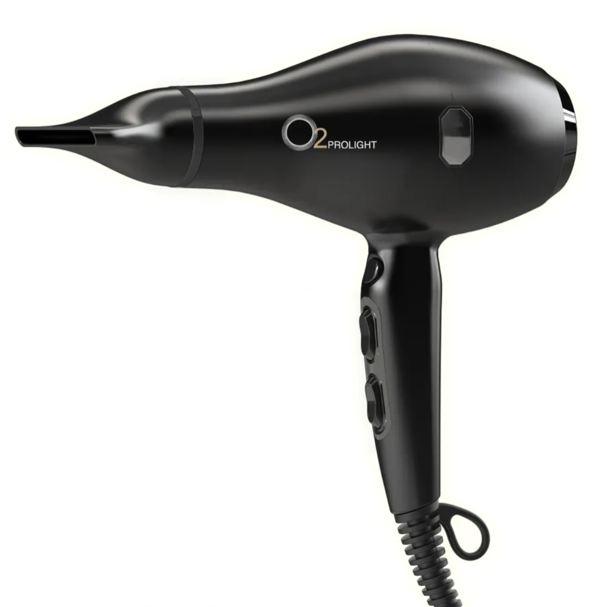 Black hair dryer with 'O2 Prolight' branding on a white background