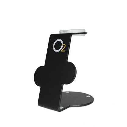 Black phone stand with 'O2' branding on a white background