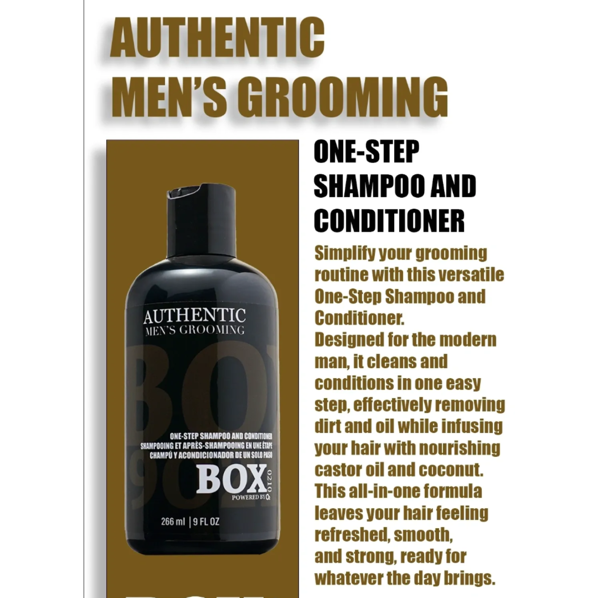 Advertisement for Authentic Men's Grooming One-Step Shampoo and Conditioner on a brown background