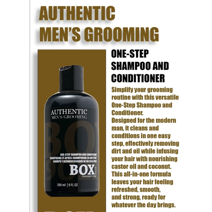Advertisement for Authentic Men's Grooming One-Step Shampoo and Conditioner on a brown background