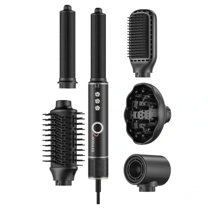 Black hair styling tool with multiple attachments on a white background