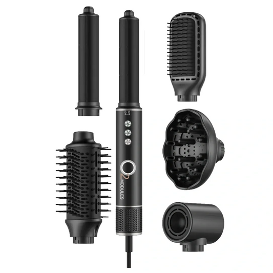 Black hair styling tool with multiple attachments on a white background