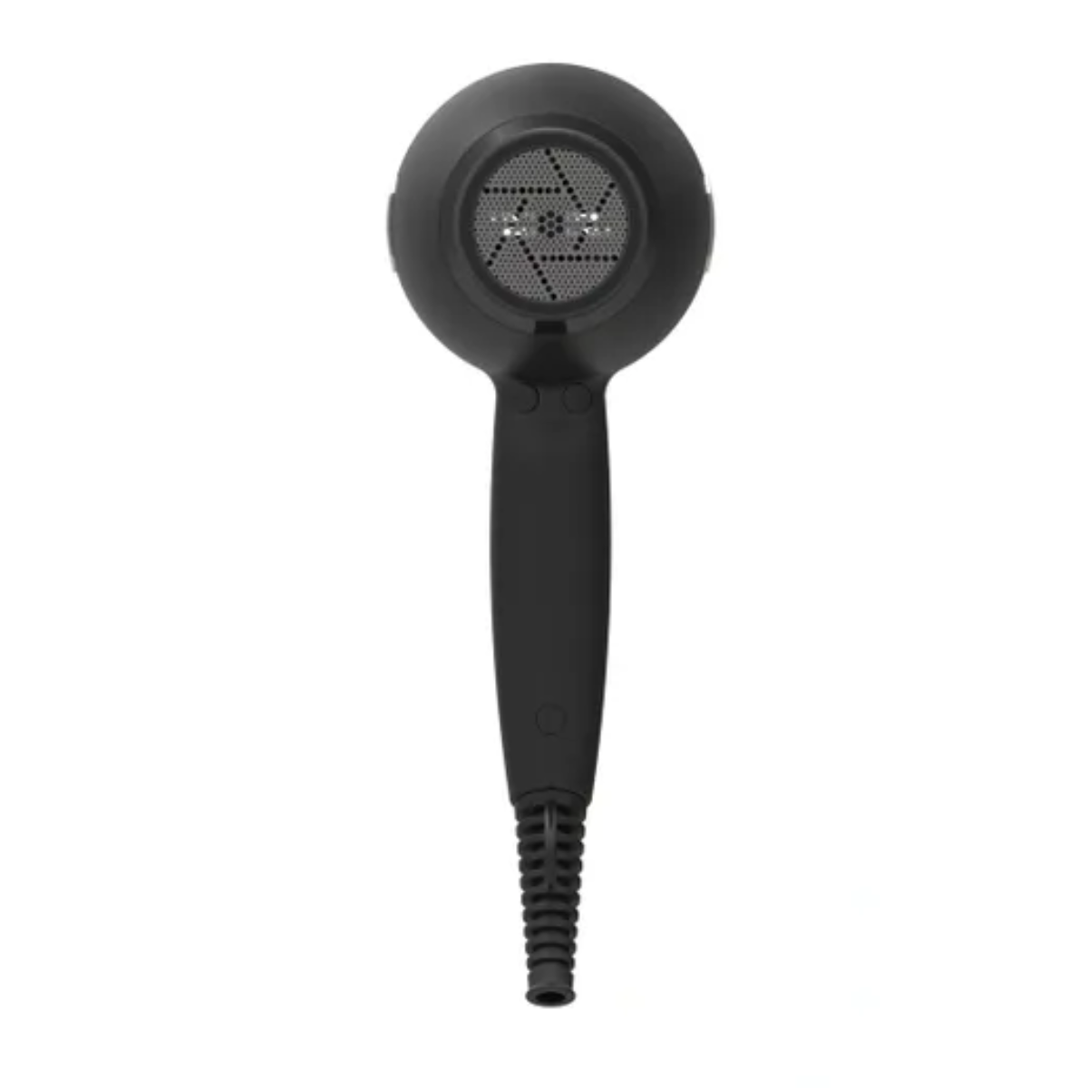 Black handheld hair dryer on a white background