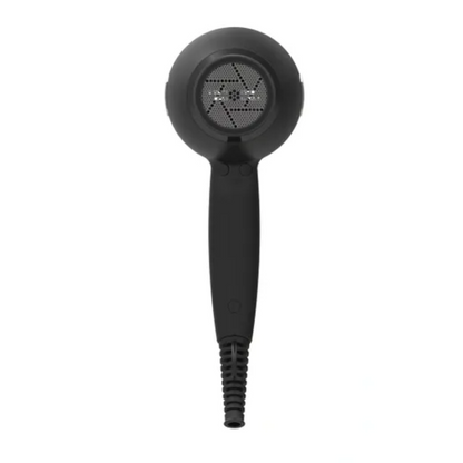 Black handheld hair dryer on a white background