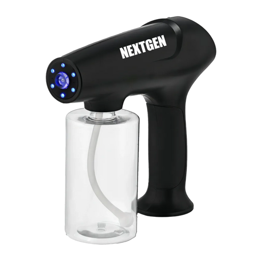 BlackNextGen spray gun with clear container on a white background