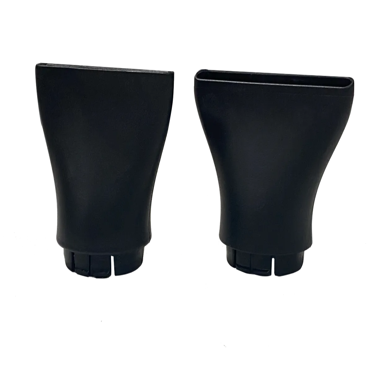 Two black plastic cups on a white background