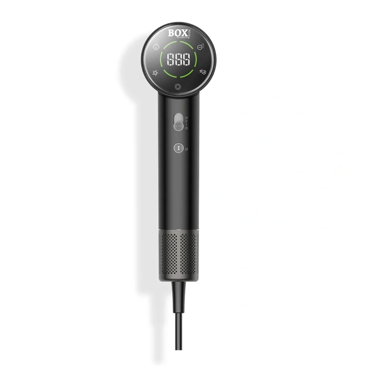 Black electronic device with digital display on a white background