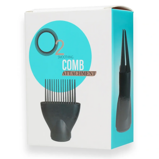Packaging of a comb attachment with a blue and white design.