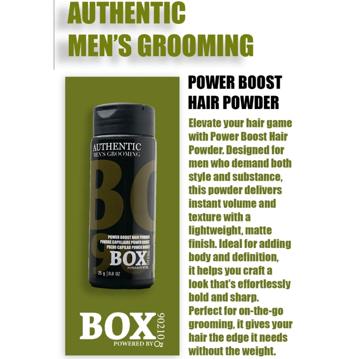 Advertisement for Power Boost Hair Powder with product packaging on a green background