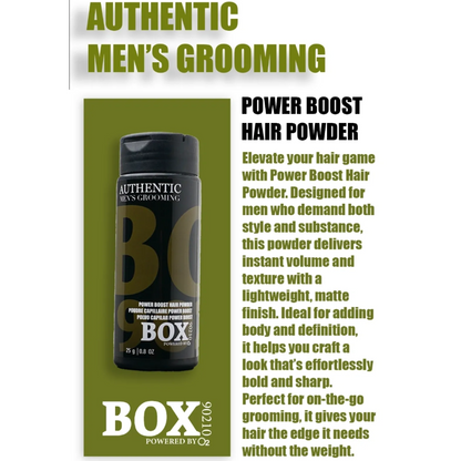 Advertisement for Power Boost Hair Powder with product packaging on a green background