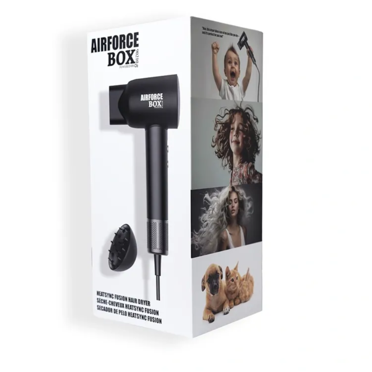Product packaging for 'Airforce Box' with images of a baby, child, and dog on a white background.