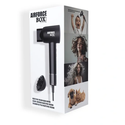 Product packaging for 'Airforce Box' with images of a baby, child, and dog on a white background.