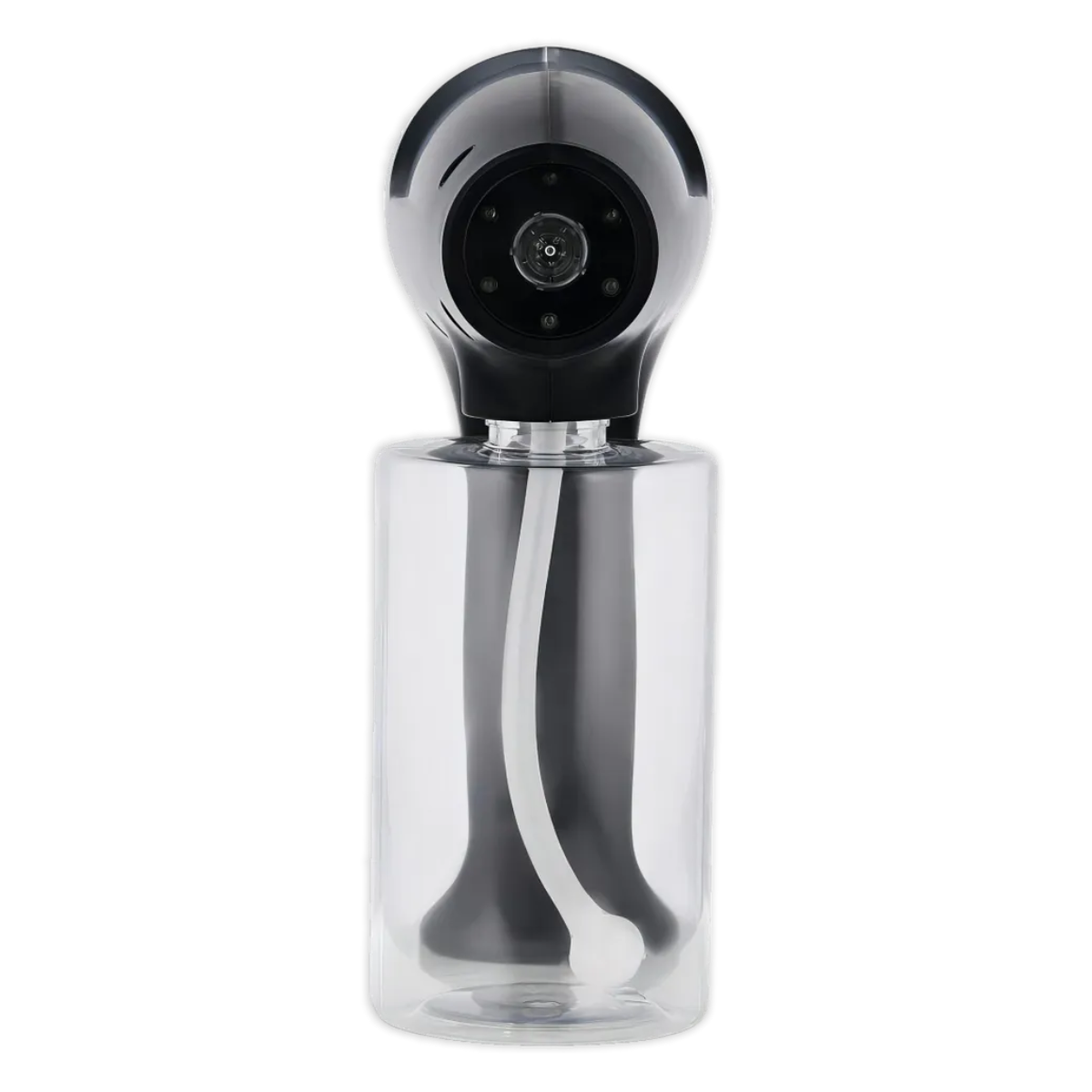 Clear spray bottle with black nozzle on a white background