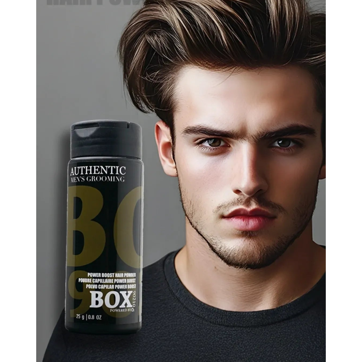Advertisement for men's grooming product with a man and hair powder container on a gray background