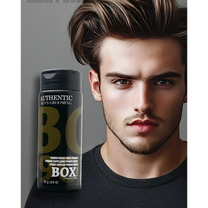 Advertisement for men's grooming product with a man and hair powder container on a gray background