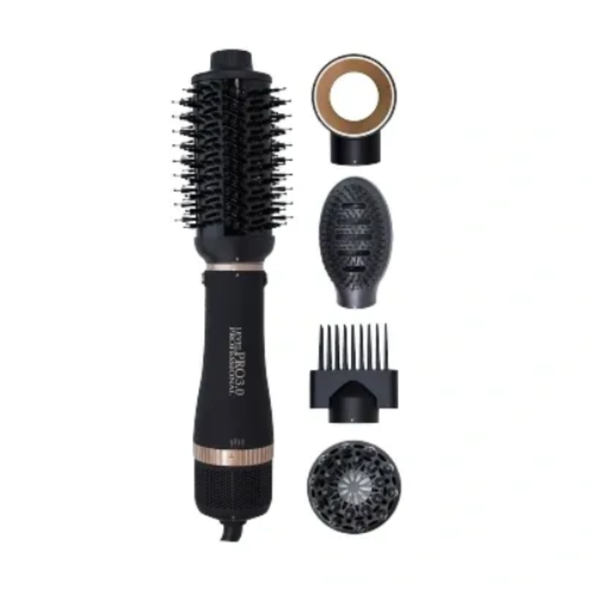 Black hair styling tool with attachments on a white background