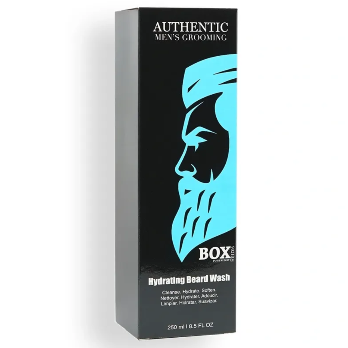 Box of hydrating beard wash with a stylized face design on a white background