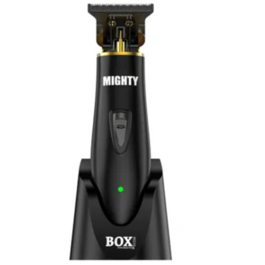 Black and gold hair trimmer with 'MIGHTY' branding on a white background