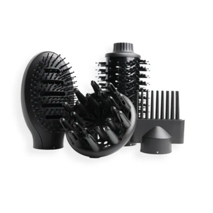 Black hair dryer attachments on a white background