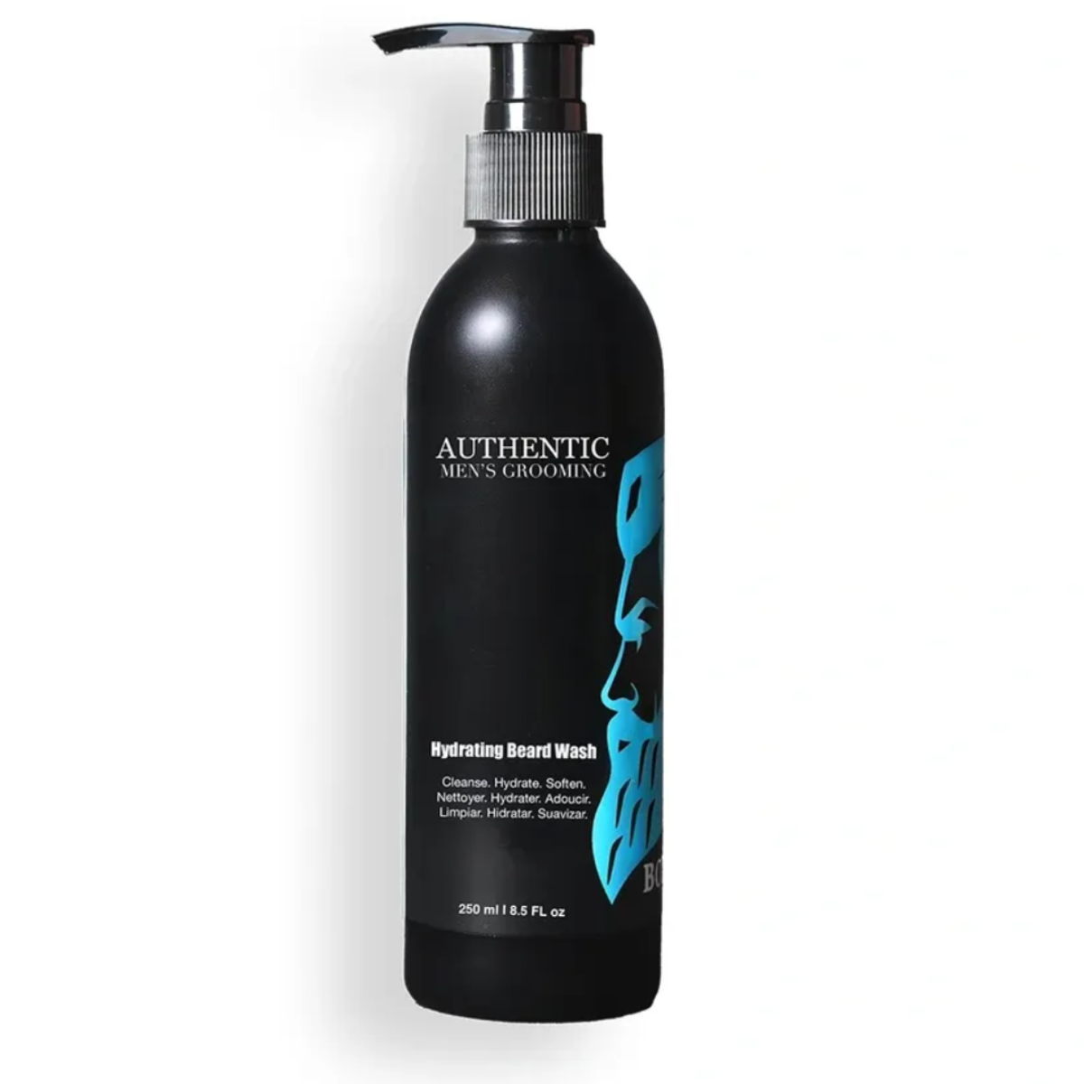 Black bottle of Authentic Men's Grooming product on a white background