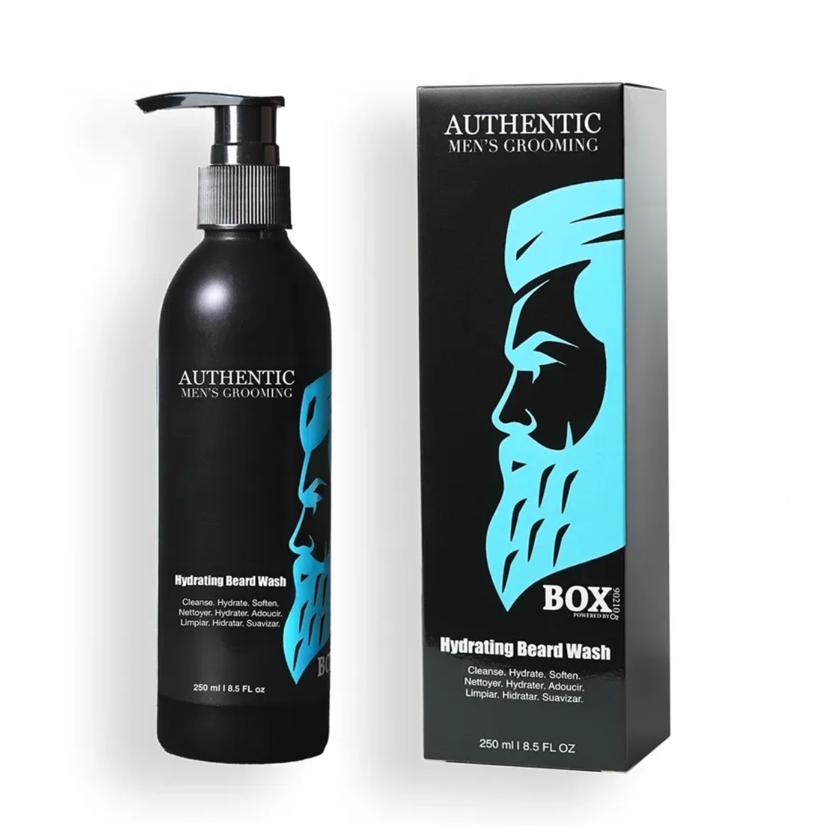 Black bottle and packaging of Authentic Men's Grooming Hydrating Beard Wash on a white background