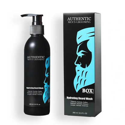 Black bottle and packaging of Authentic Men's Grooming Hydrating Beard Wash on a white background