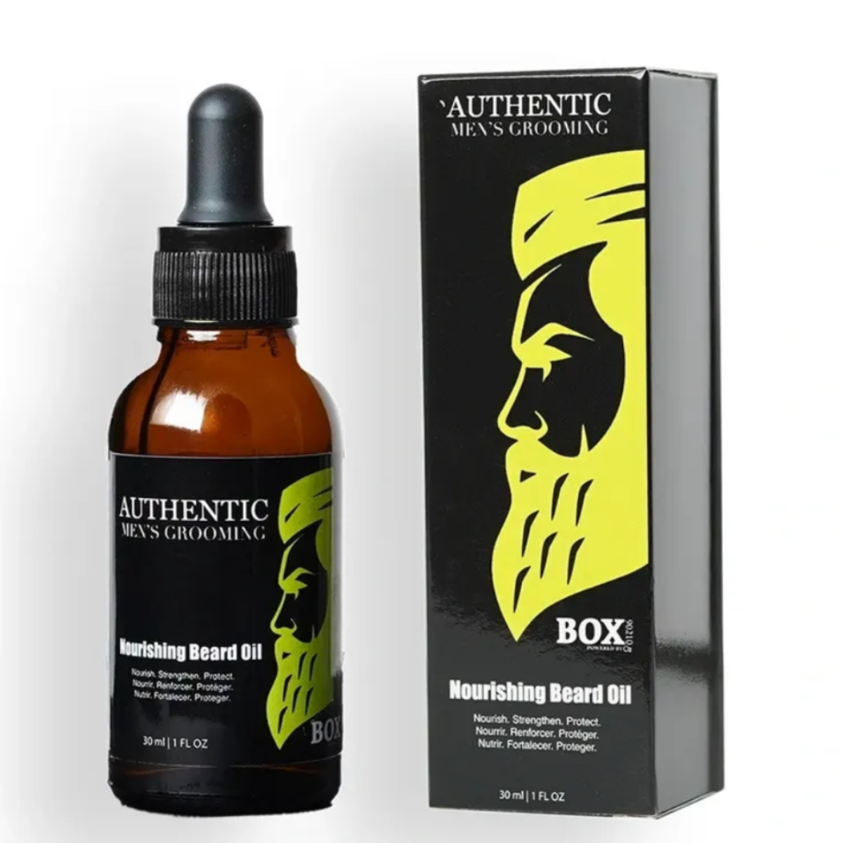 Beard oil bottle and packaging with 'Authentic Men's Grooming' branding on a white background