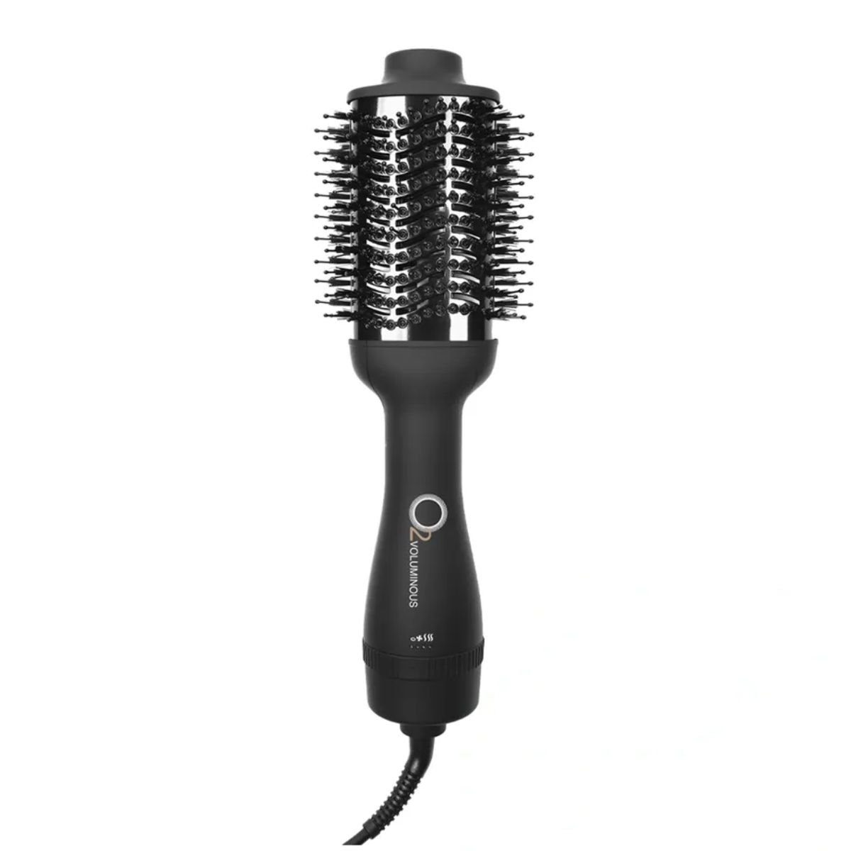 Black hair styling tool with bristle head on a white background