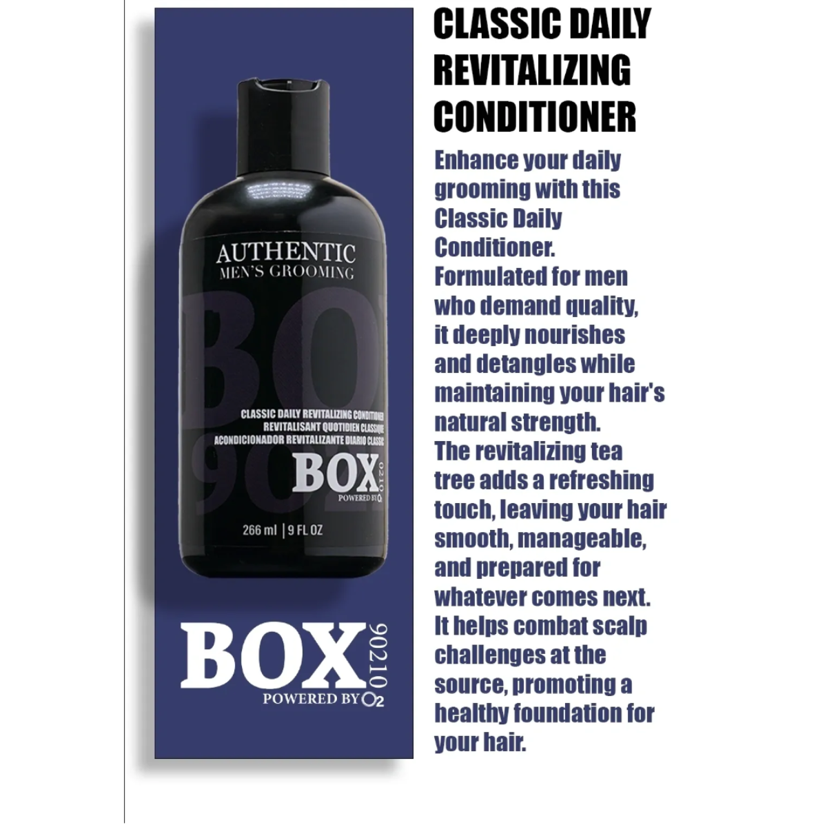 Advertisement for BOX Classic Daily Revitalizing Conditioner on a blue background