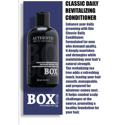 Advertisement for BOX Classic Daily Revitalizing Conditioner on a blue background