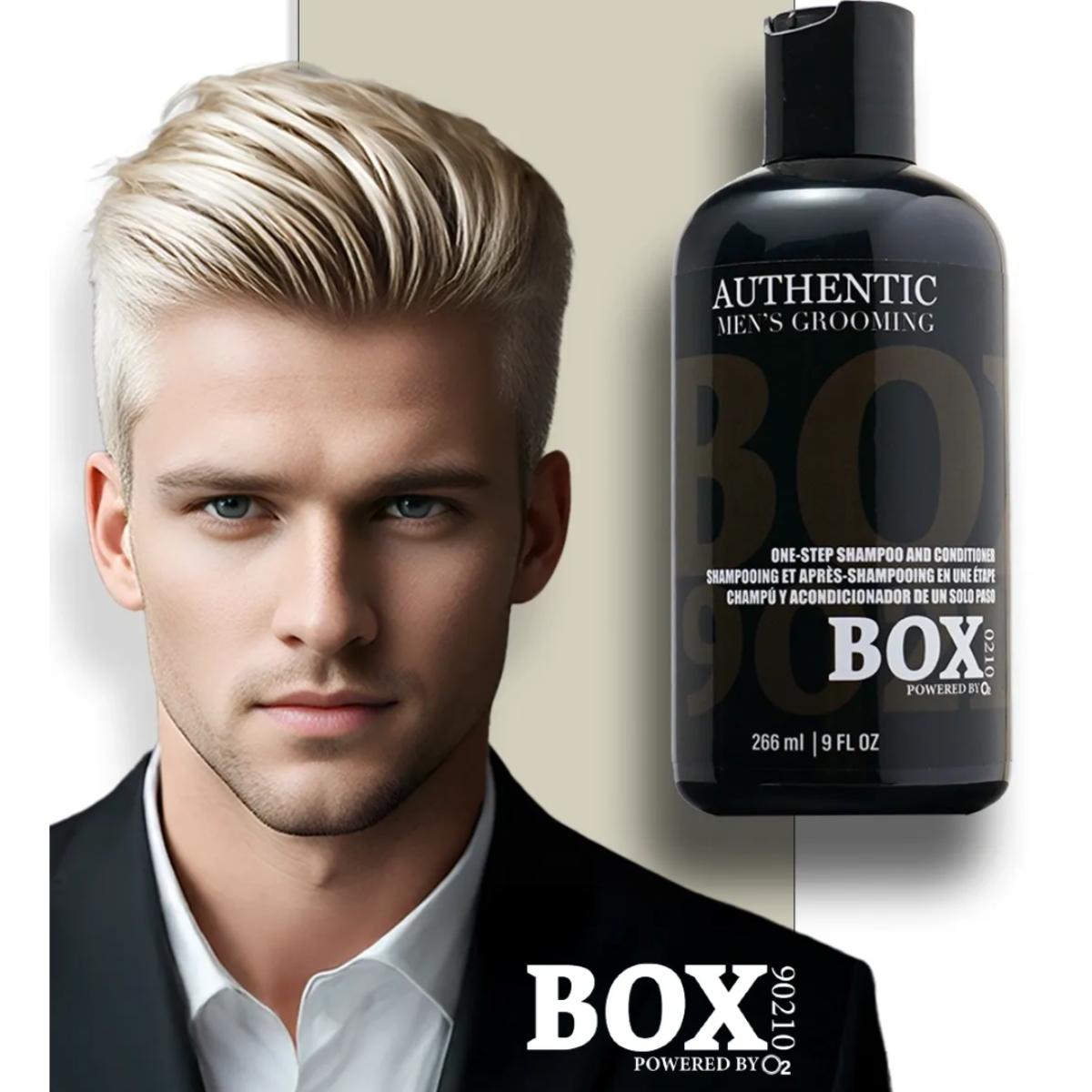 Advertisement for 'Authentic Men's Grooming' one-step shampoo and conditioner with a man and product shown.