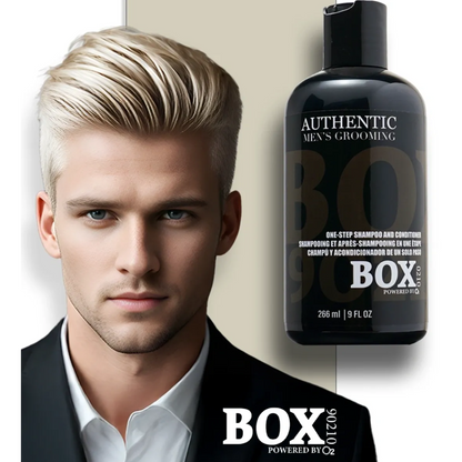 Advertisement for 'Authentic Men's Grooming' one-step shampoo and conditioner with a man and product shown.