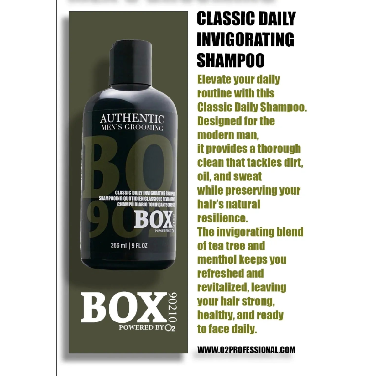 Advertisement for Authentic Men's Grooming Classic Daily Invigorating Shampoo with product packaging.