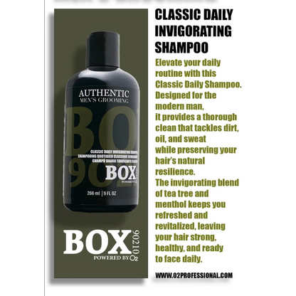 Advertisement for Authentic Men's Grooming Classic Daily Invigorating Shampoo with product packaging.