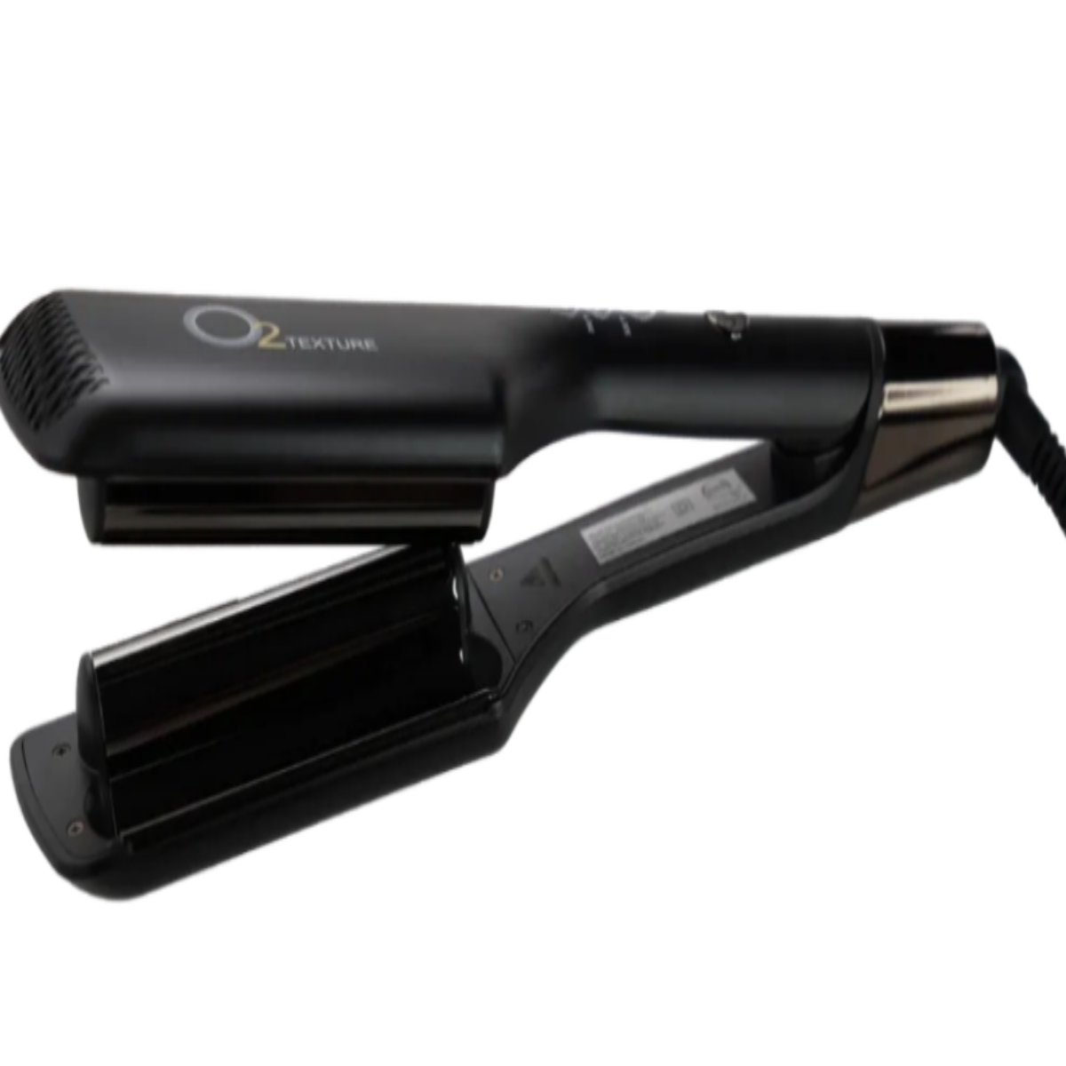 Black hair straightener with gold accents on a white background