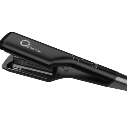 Black hair straightener with 'O2 Texture' branding on a white background