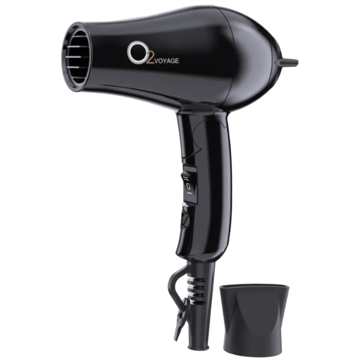 Black hair dryer with a nozzle attachment on a white background