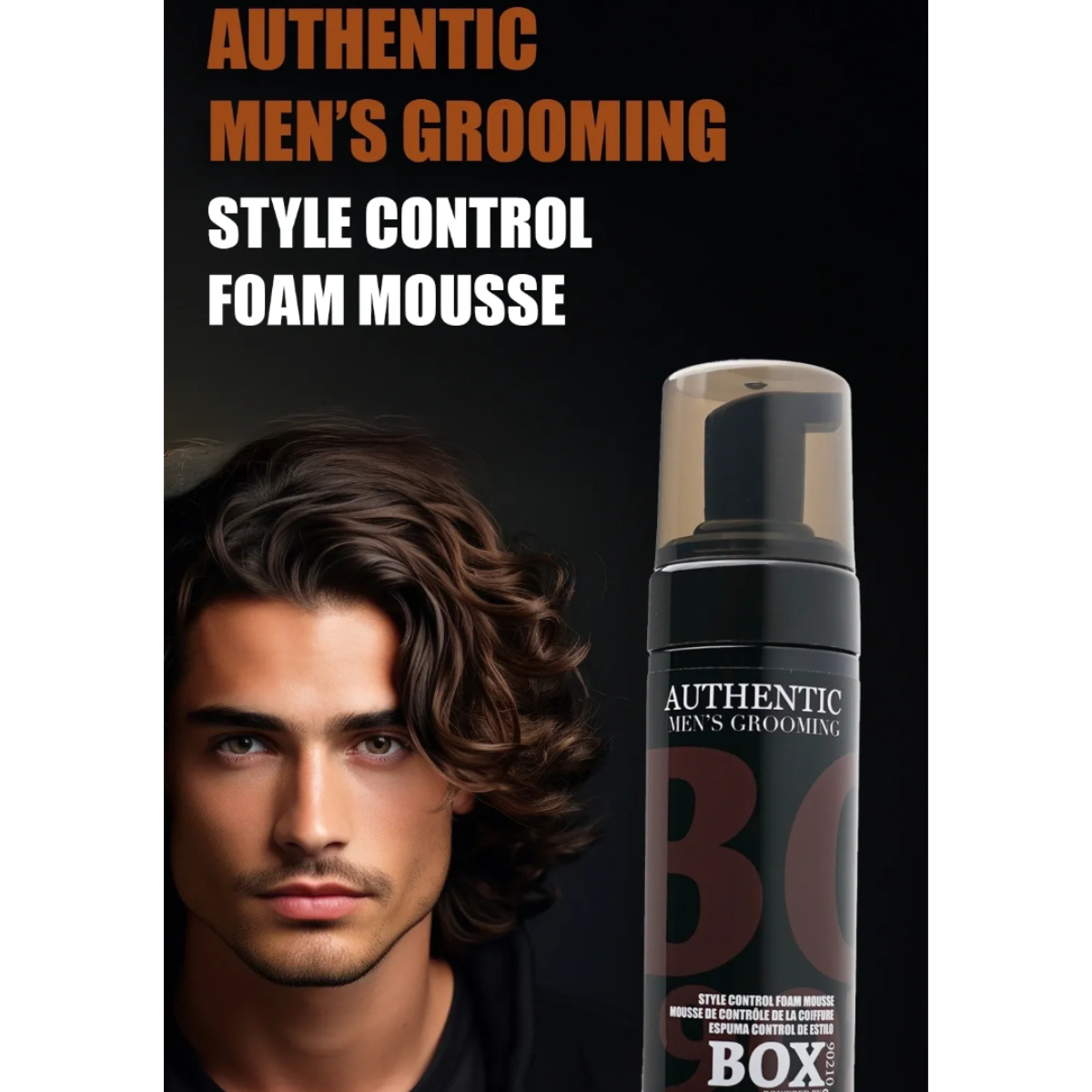 Advertisement for BOX men's grooming foam mousse with a man and product on a black background