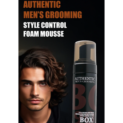 Advertisement for BOX men's grooming foam mousse with a man and product on a black background