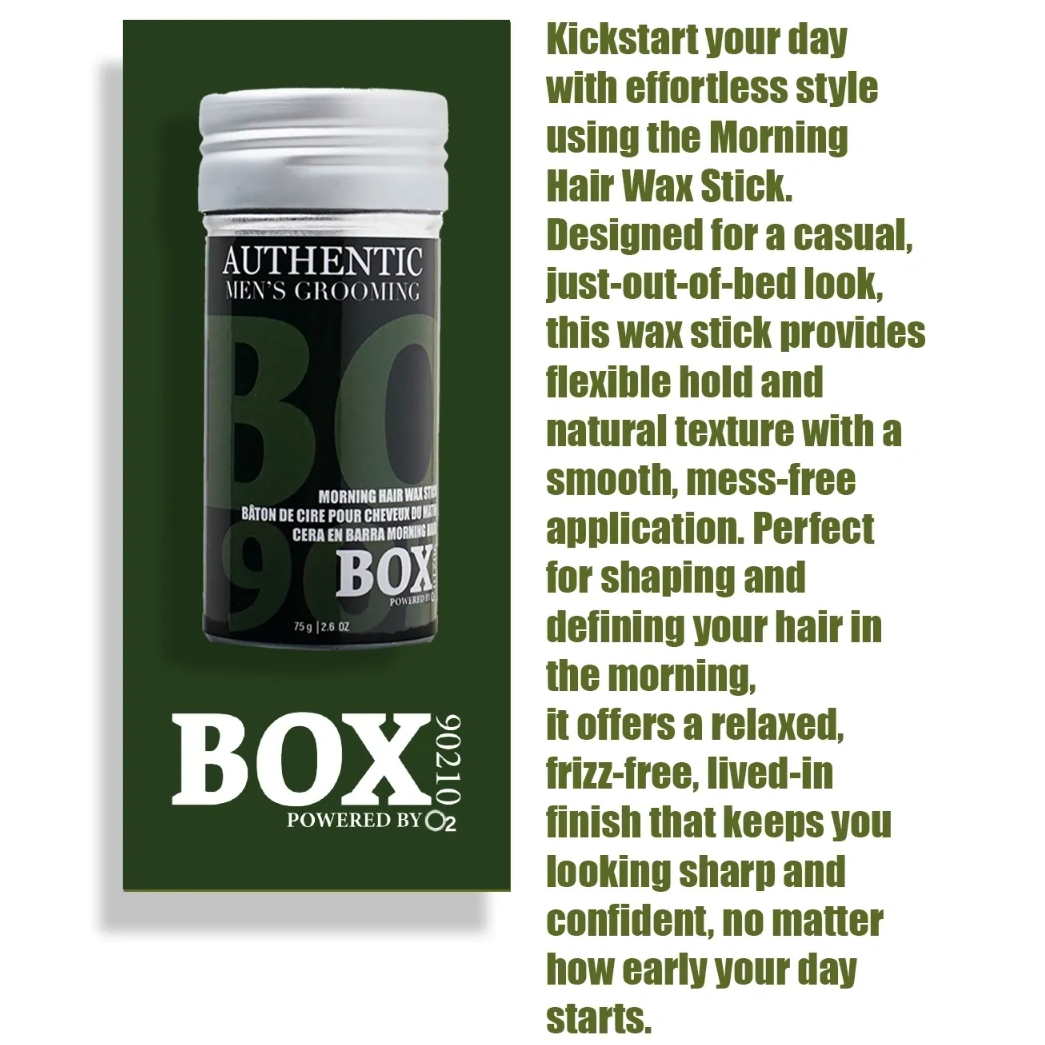 Men's grooming product packaging with text on a white background